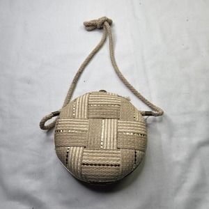 Vintage Italian Round Shoulder Bag Woven Rope Design Hinged